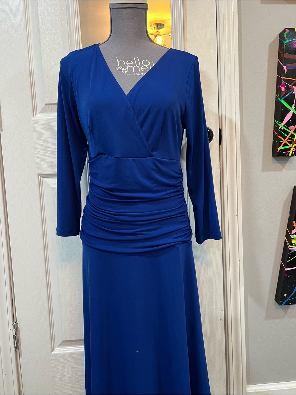 Elegant Royal Blue Long Sleeve V-Neck Ruched Dress